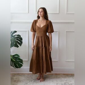 MILLE Maja Tiered Cotton Maxi‎ Dress In Caramel Eyelet NWT